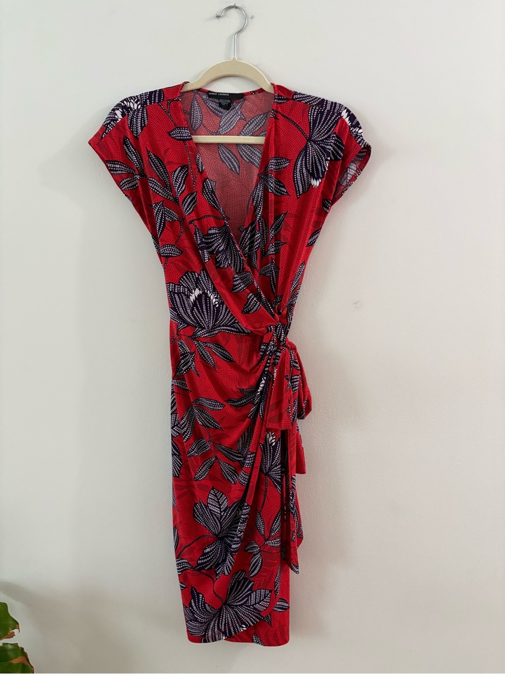 Maggy London Red Floral Wrap Dress with Side Tie, Size 4